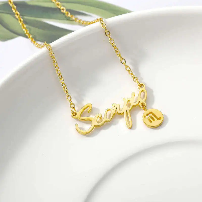 Stainless Steel 12 Zodiac Signs Customized Name Charm Necklace